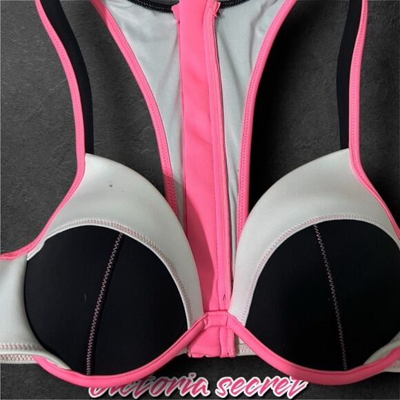 Preowned Victoria's Secret Pink Black White Bikini Top Halter Back w/ zipper 34B - Picture 4 of 6